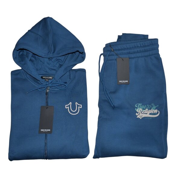 True Religion Men's 2 PC Sweatsuit Fleece Tracksuit Hoodie Joggers Set Malibu